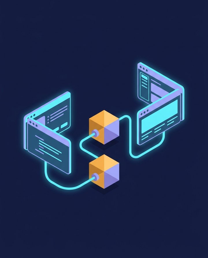 Three app windows linked to a central cube
